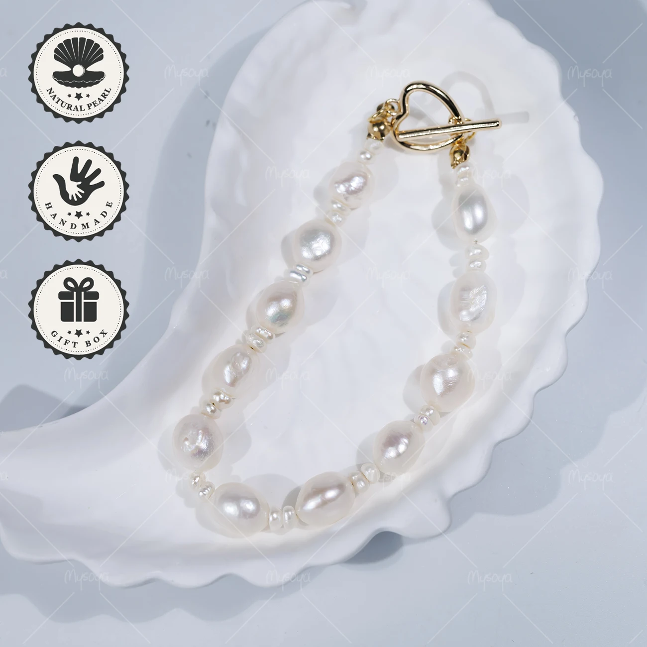 

MYSOYA 8-9mm White Baroque Freshwater Pearl Bracelet with Golden Heart OT Clasp Birthday Gift Valentine’s Day Anniversary Gift