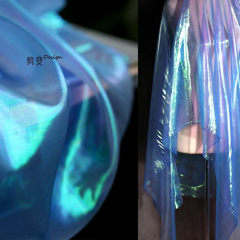 Aqua Organza Fabric Laser Illusion Gradient Mesh Dress Dress Designer Fabric Cloth Per Meter for Sewing Diy Material