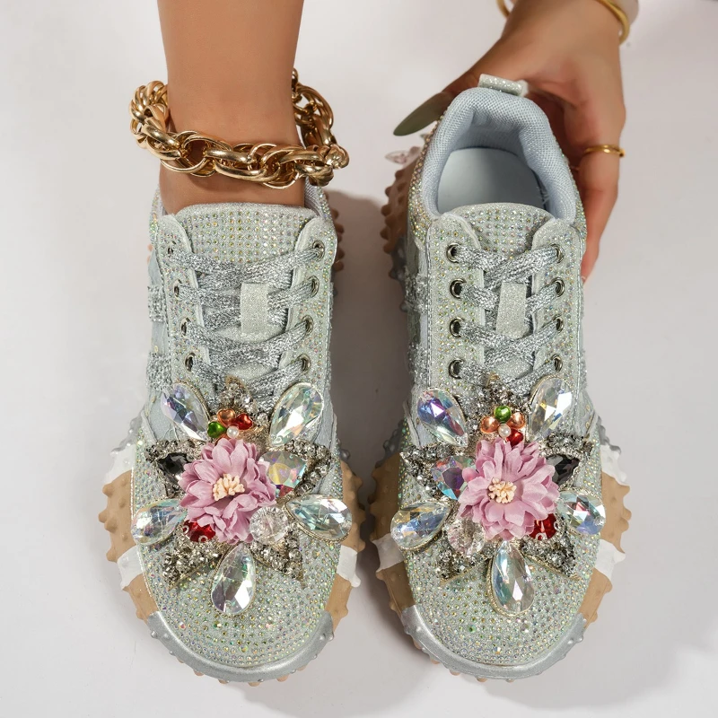 High-quality Appearance Thick-soled Round-top Lace-up Sequined Comfortable Anti-slip Breathable Sports and Casual Women's Shoes