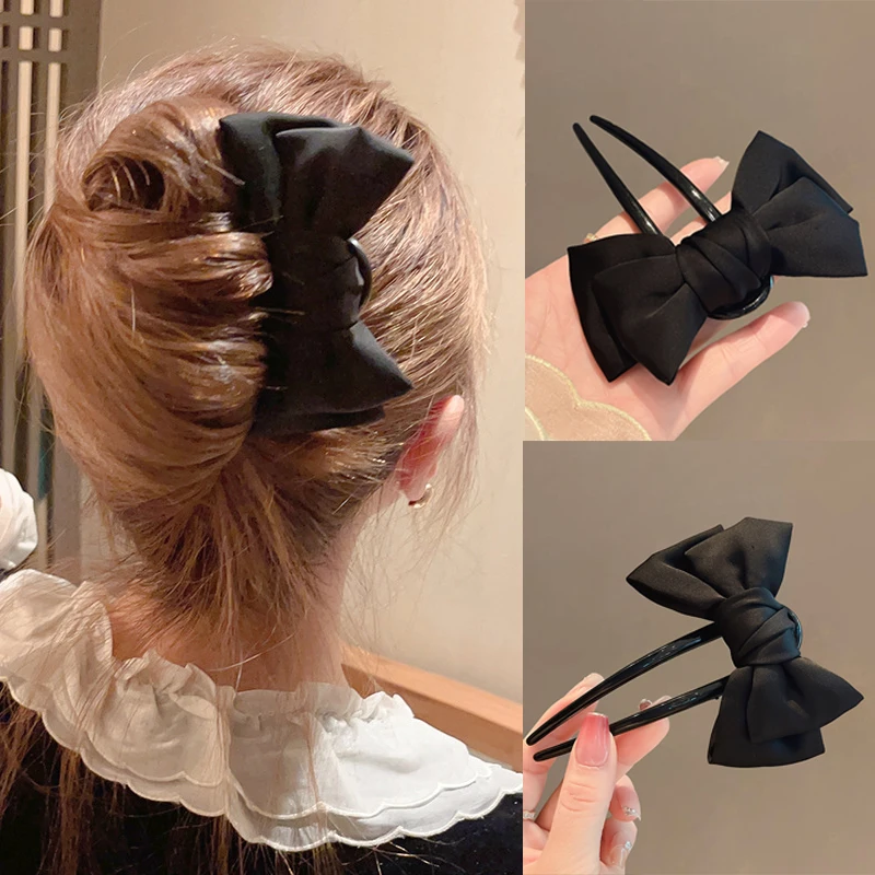 1pc Fashion Women's Bow U-shaped Hair Clip Suitable for Girl Daily Wear Accessory Elegant Black Boutique Hairpin Hair Accessory