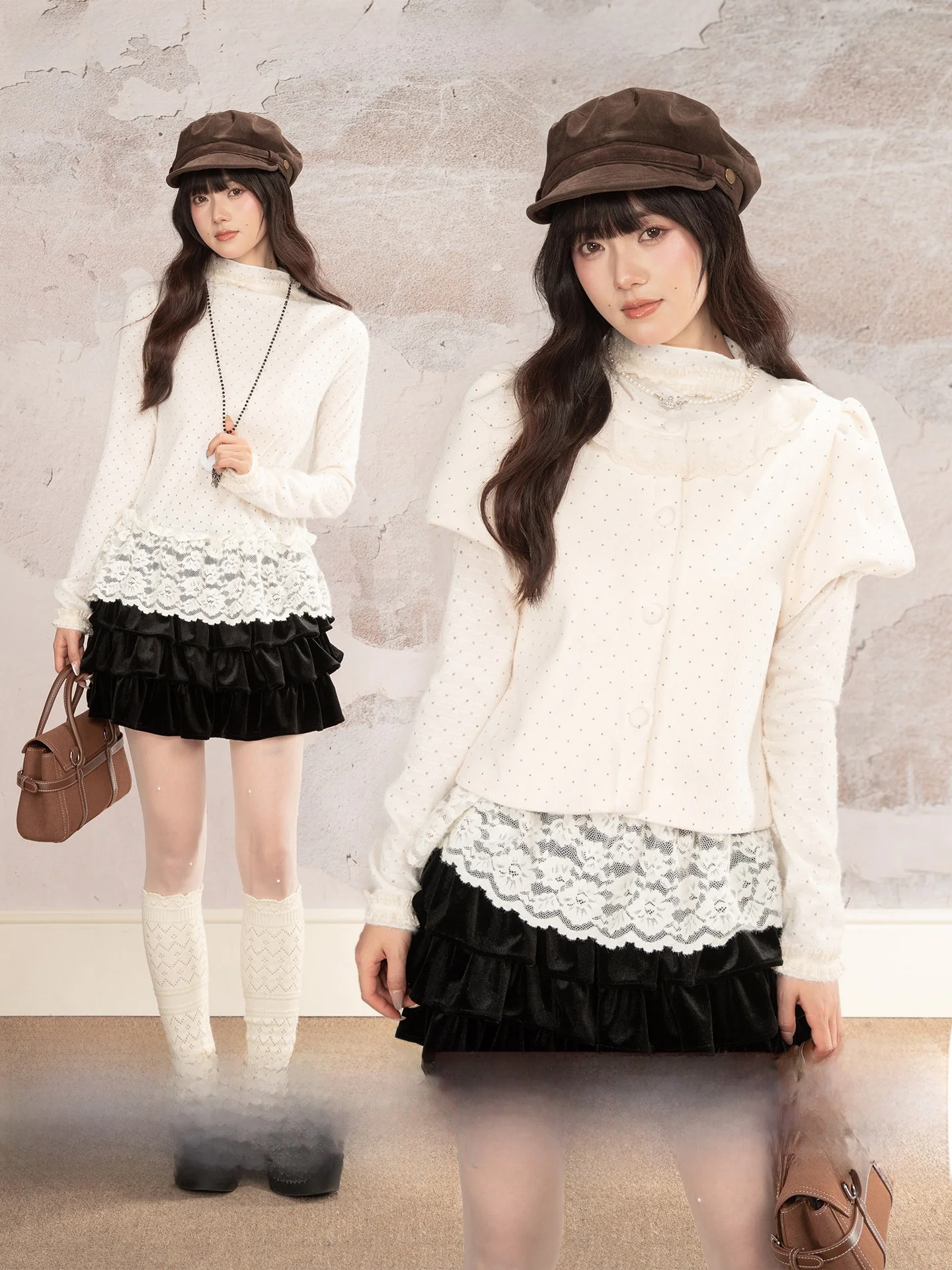 

Sweet Polka Dot Ruffle Sleeve Short Knitted Sweater Women's Winter Fashion Youthful Top Heynew Loveheynew D21P-89518-X