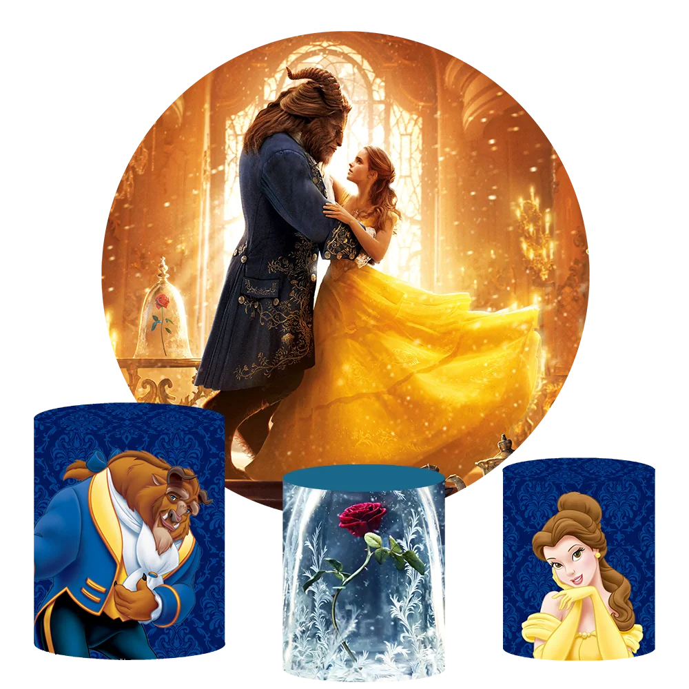 

Beauty and The Beast Princess Belle Round Backdrop Cover For Girls Happy Birthday Party Background Yellow Cylinder Covers