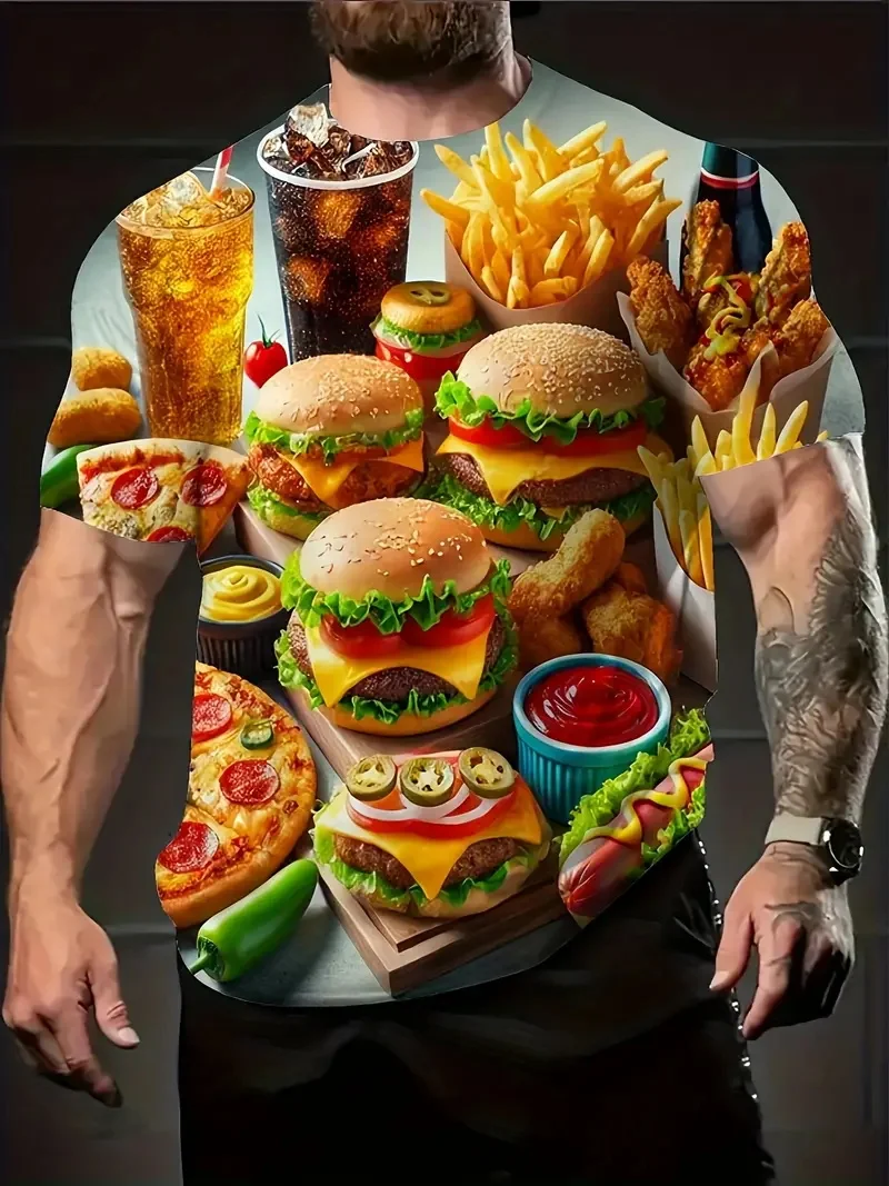 Men's 3D Printed Food Graphic T-Shirt Burgers Fries & Pizza Artistic Design Tshirts For Men Summer Round Neck Short Sleeve Shirt