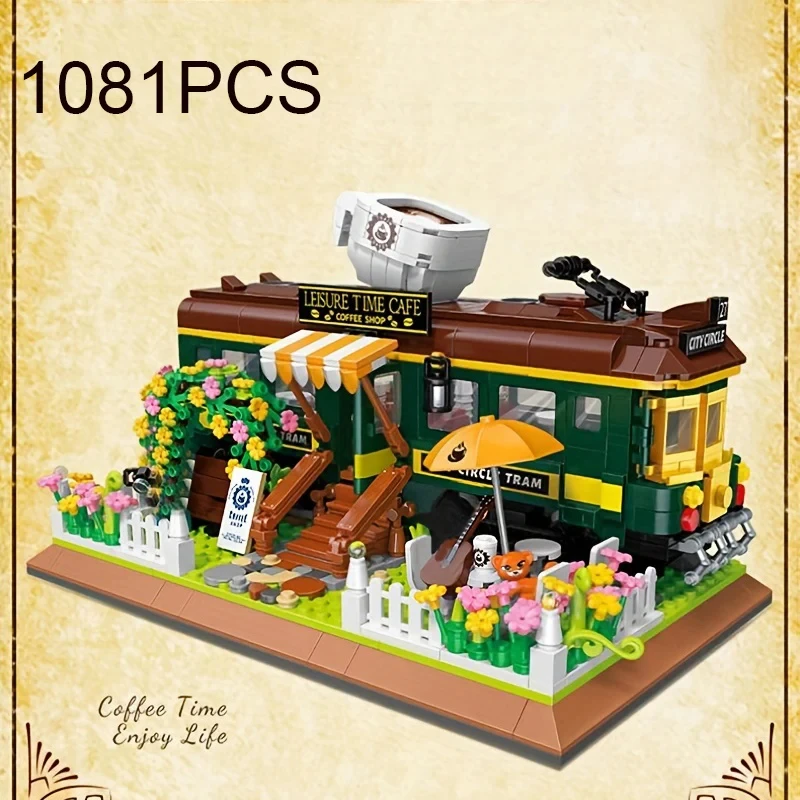 1081PCS Train Coffee Shop Building Blocks Creative City Cafe Store Sreet View Assembly Model Bricks Toys For Kids Holiday Gifts