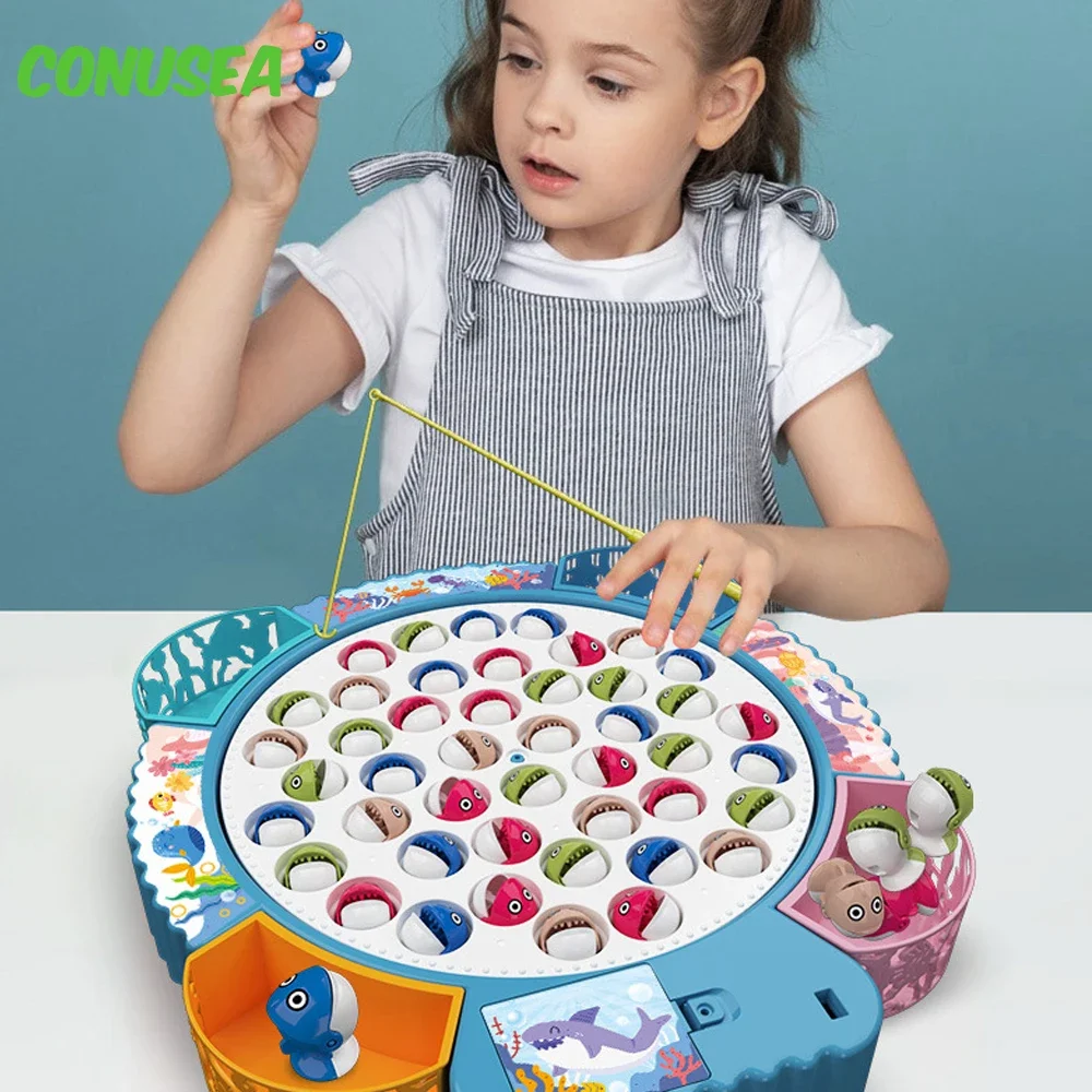 Kids Electric Fishing Toys for Kids Sport Puzzle Educational Music Rotating Fish Plate Toys Boys Girls Games for Children Gifts