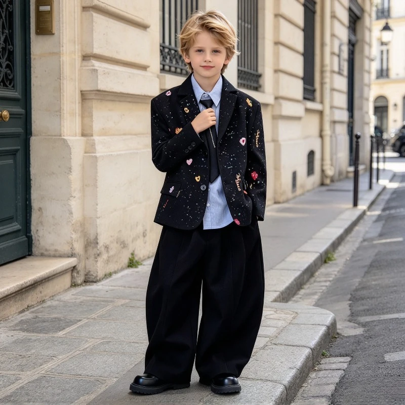 Boys Suit Set 2 Piece Kids Black Starry Embroidery Blazer Wide Leg Pants Teen Children Preppy Formal Outfit Spring Autumn 2-14Y