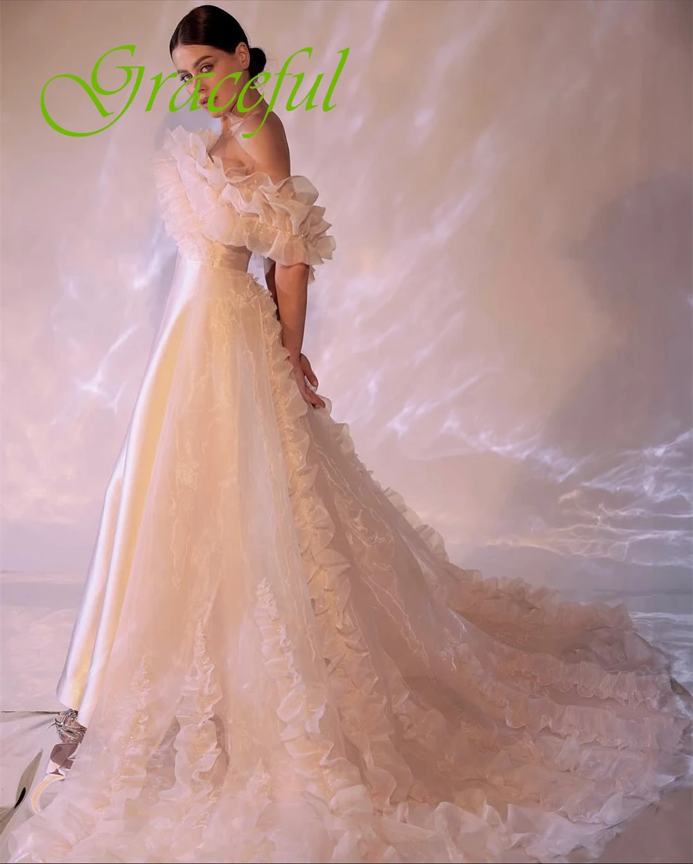 

Индивидуальное темпераментное тюлевое вечернее платье без бретелек, нежное коктейльное платье со шлейфом часовни, классическое вечернее платье с короткими рукавами