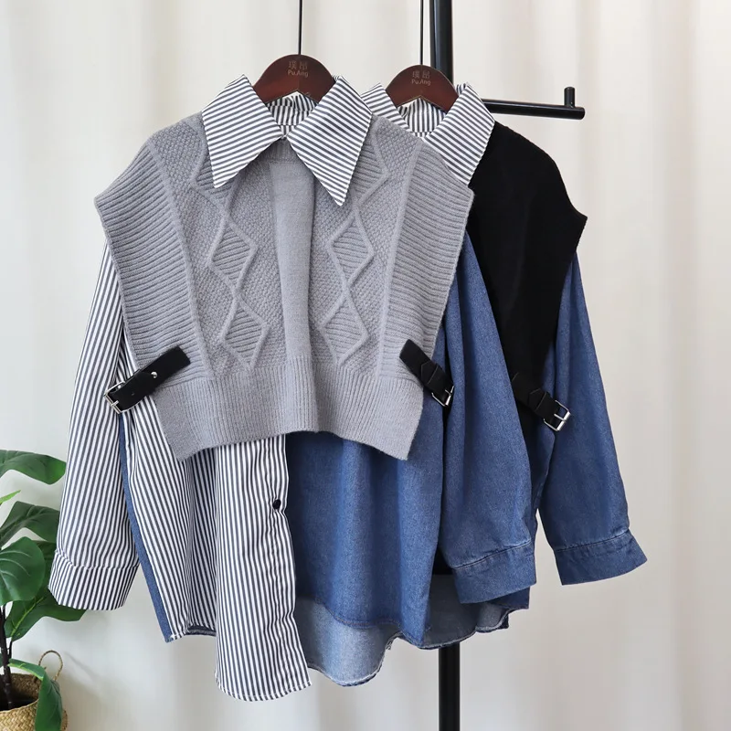 

Two Pieces Knitted Denim Sweater Vest Women Jumpers Diamond Vest Spliced Single Breasted Coat Loose Fit Office Lady 2025 Autumn