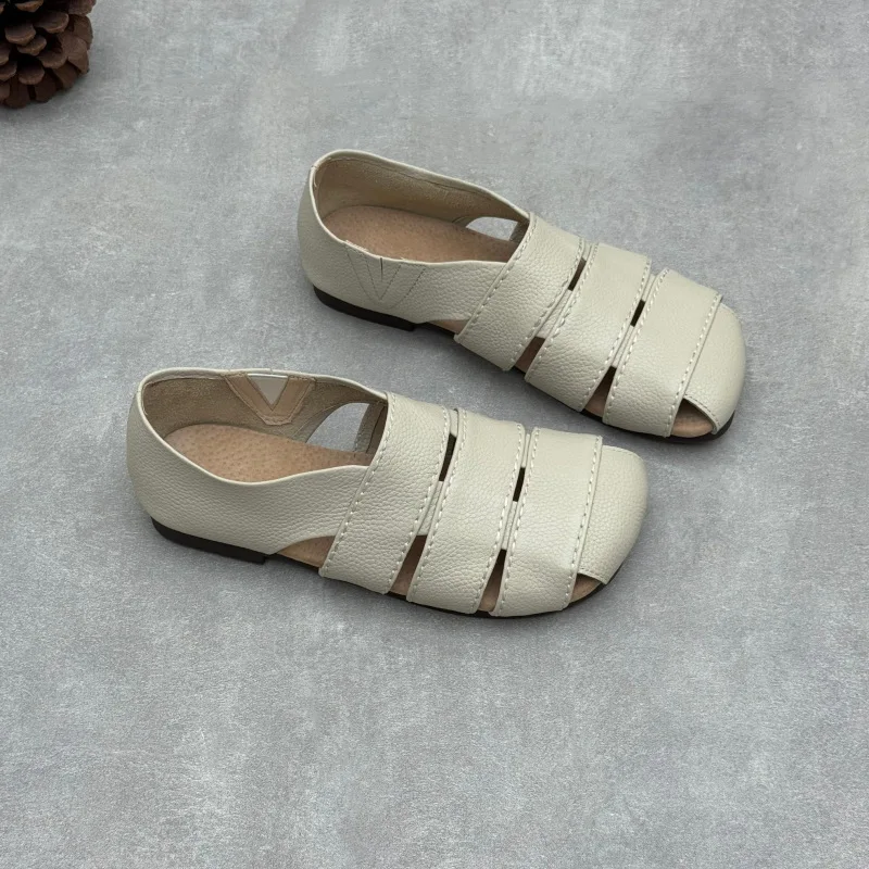 

Summer New Vintage Design Flat Leather Sandals Made of Soft Cowhide with A Baggy Head and Roman Style for Women