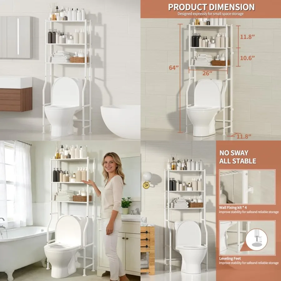 

3-Tier Over The Toilet Storage, Freestanding Metal Bathroom Shelves, Space Saver Above The Over Toilet Storage Shelf for Bathro