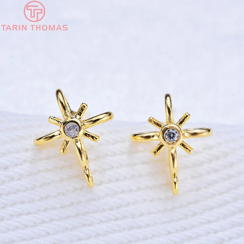 (2207)6PCS 11x9MM 24K Gold Color Brass with Zircon Flower Stud Earrings High Quality Diy Jewelry Findings Accessories