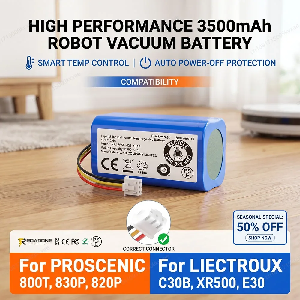 14.8V 14.4V 18650 Lithium Ion Battery for Proscenic 800T 820P 830P, Robotic Vacuum Cleaner Replacement for Liectroux C30B XR500