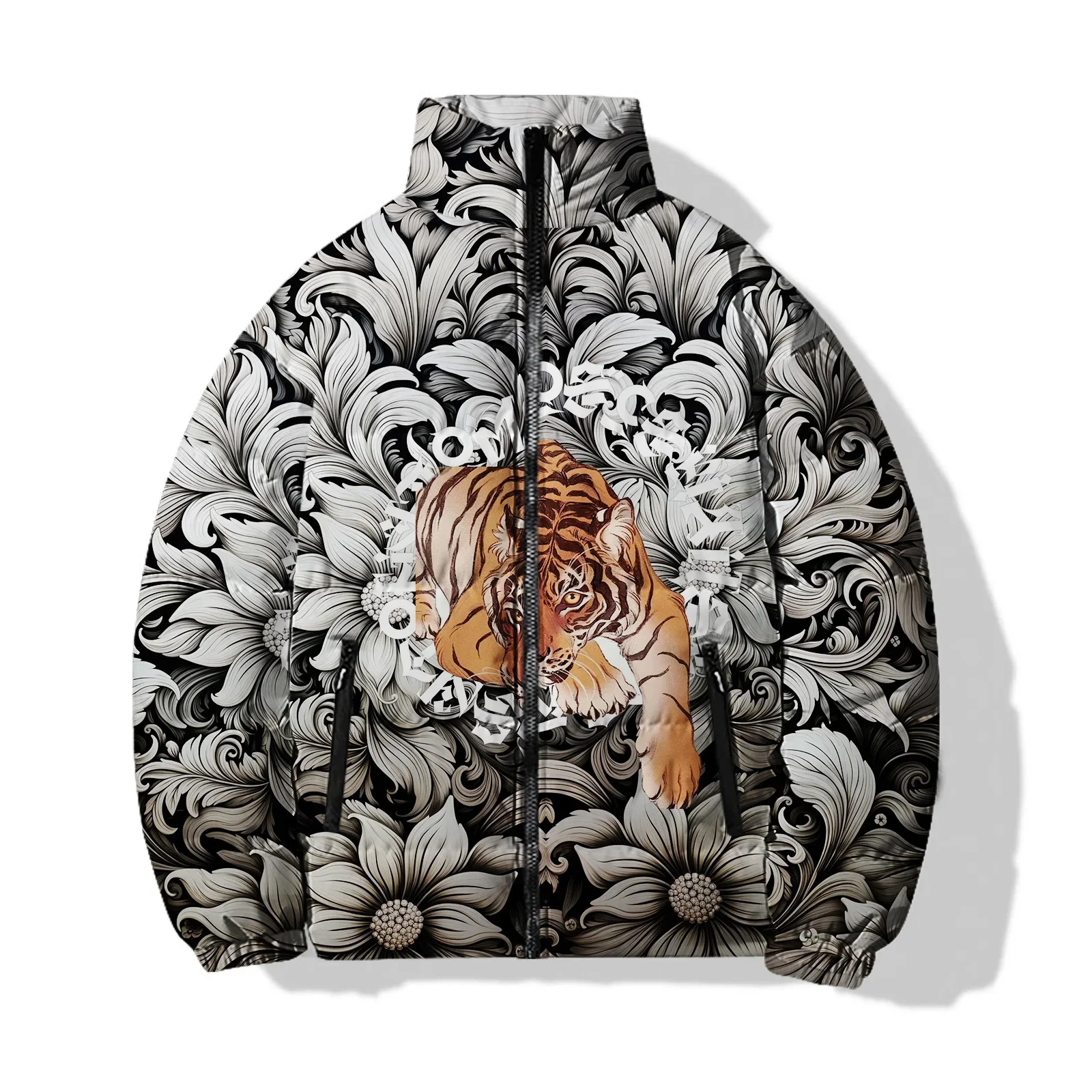 Men\'s Winter Casual Cotton Coat Parka Harajuku Streetwear Tiger and Lion Print Jacket Jackets Man Mens Clothing Coats Cold