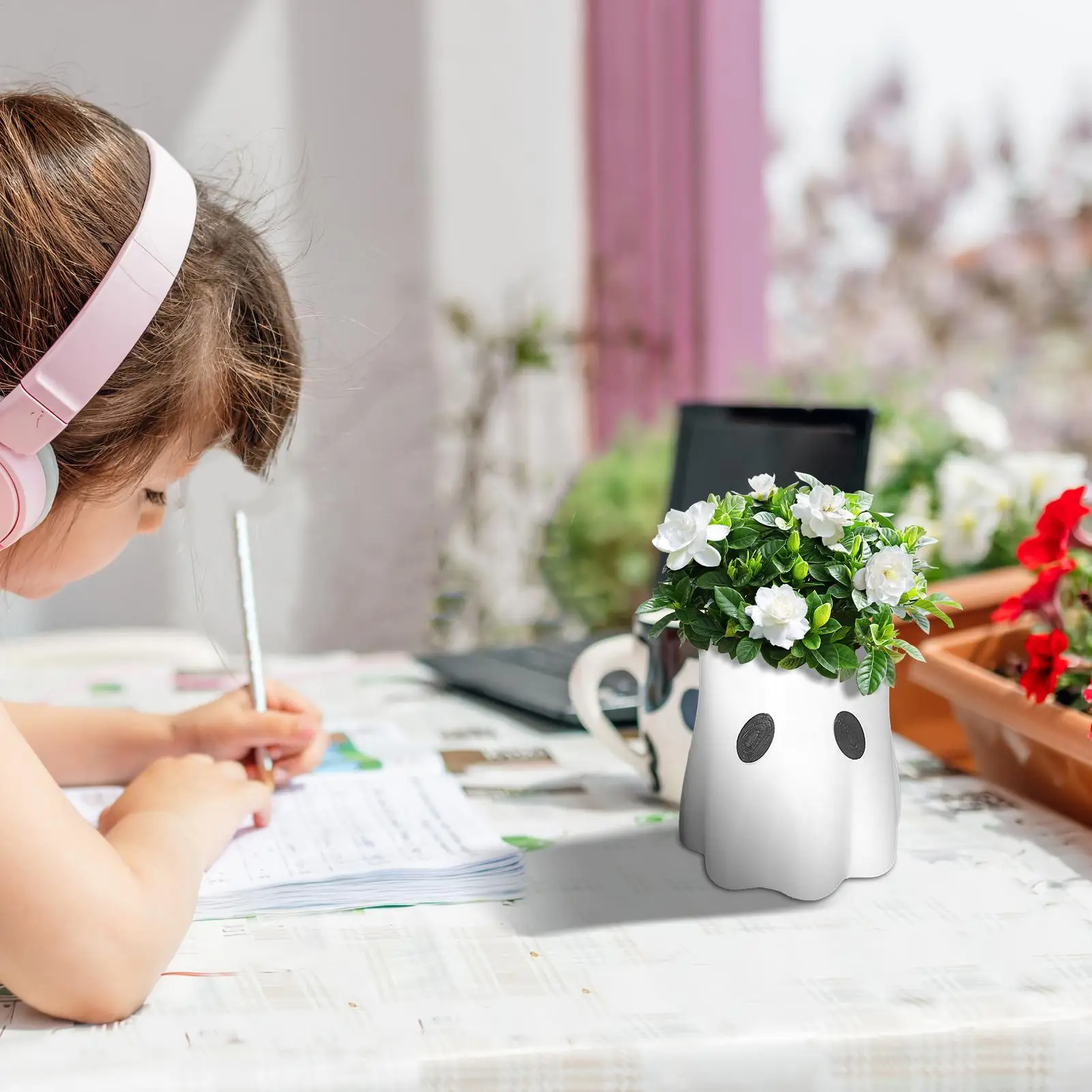 

Ghost Buckets Vase Ghost Candy Bucket Cute Figurine Flowerpot Tabletop Decorations For Windowsill Desk Living Room Bedroom
