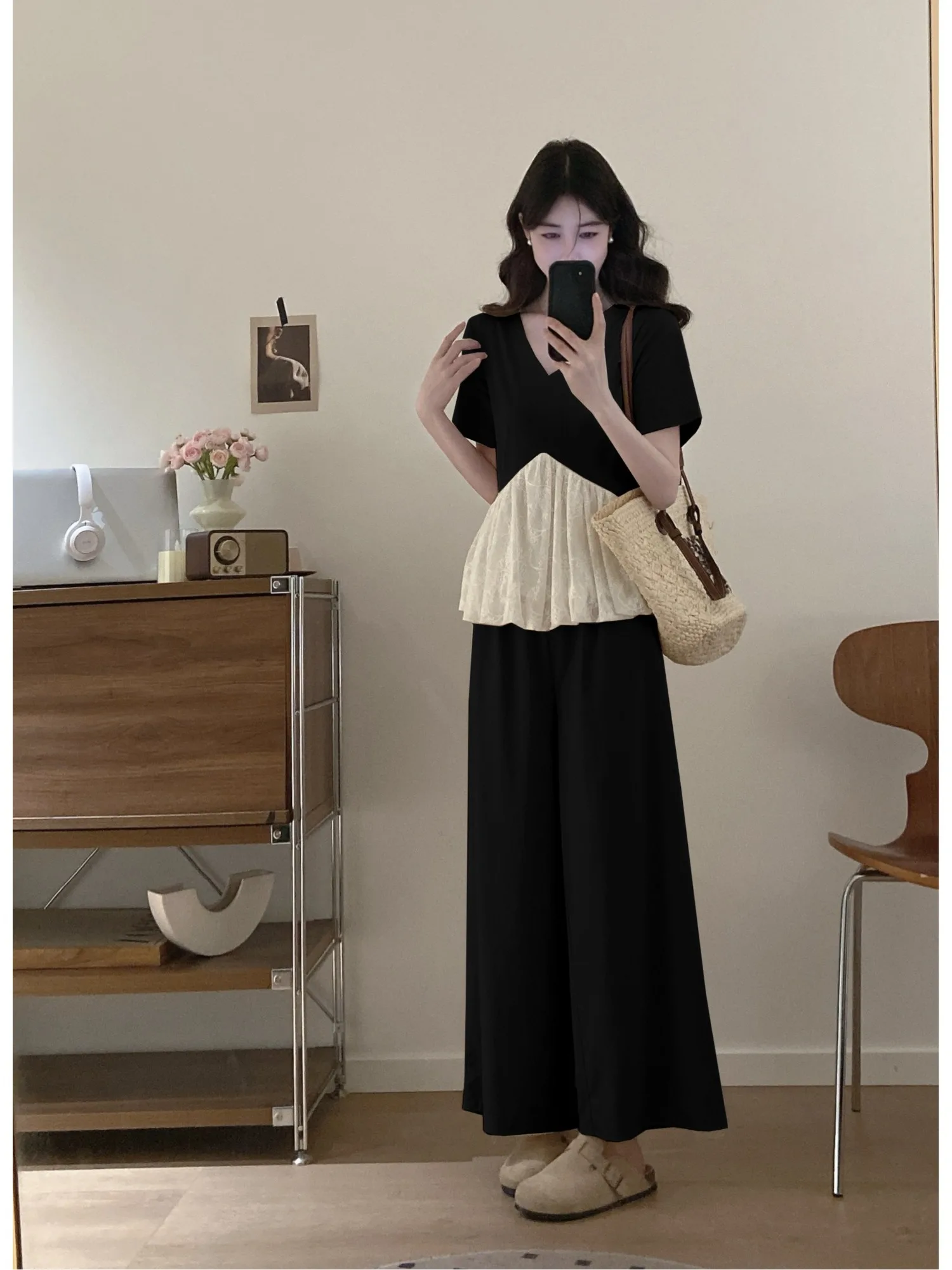 

plus Size Fashionable Lace Patchwork Short Sleeve Top High Waist Casual Wide Leg Pants Set Summer New Design Korean Style