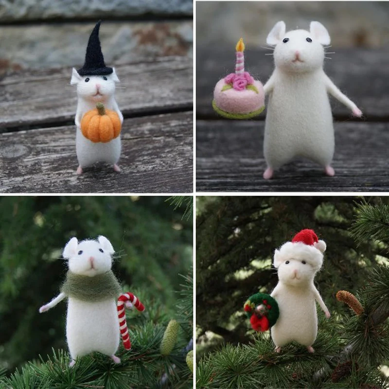 Kit No Finish Halloween Hallowmas Christmals Mouse Mice with Pumpkin Cake Wool Needle Felt Kit Funny DIY Mouse Animal Toy Kit