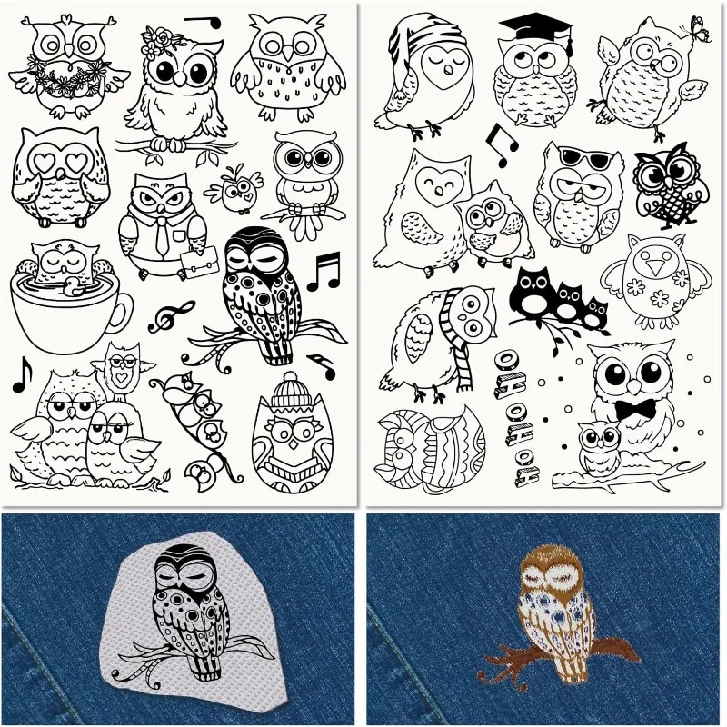 1Set 2 Sheets Cartoon Owl Music Water Soluble Embroidery Stabilizers Patterns Hand Sewing Stick and Stitch A4 Transfers Fabric