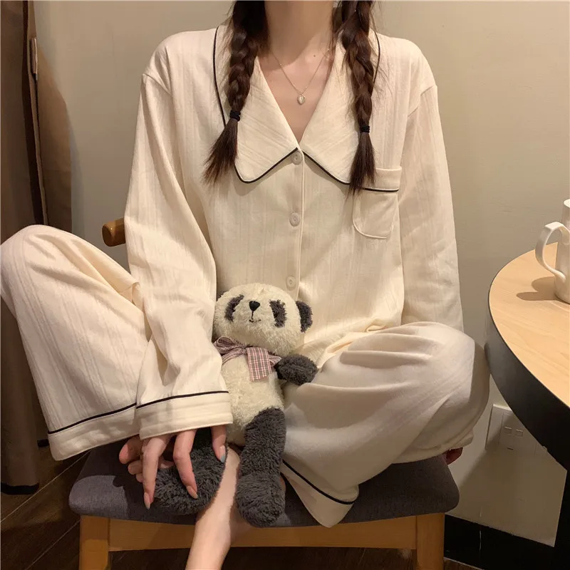 Autumn Winter New Soft Sleepwear Women\'s Lapel Button Cardigan 2 Piece Outfit Set Women Simple Solid Color Home Suit for Women