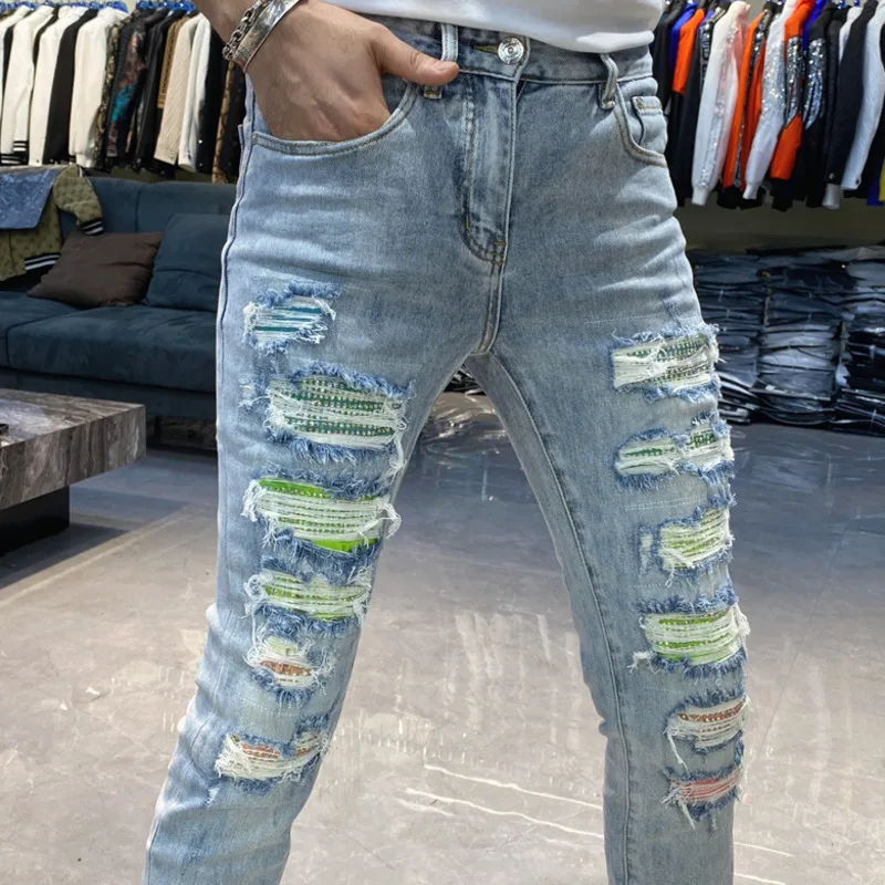 

Contrast Color Stitching Jeans Men Personality Hole Patch Jean Pant Streetwear Skinny Jeans Men Erkek Kot Pantolon Jeans Hombre