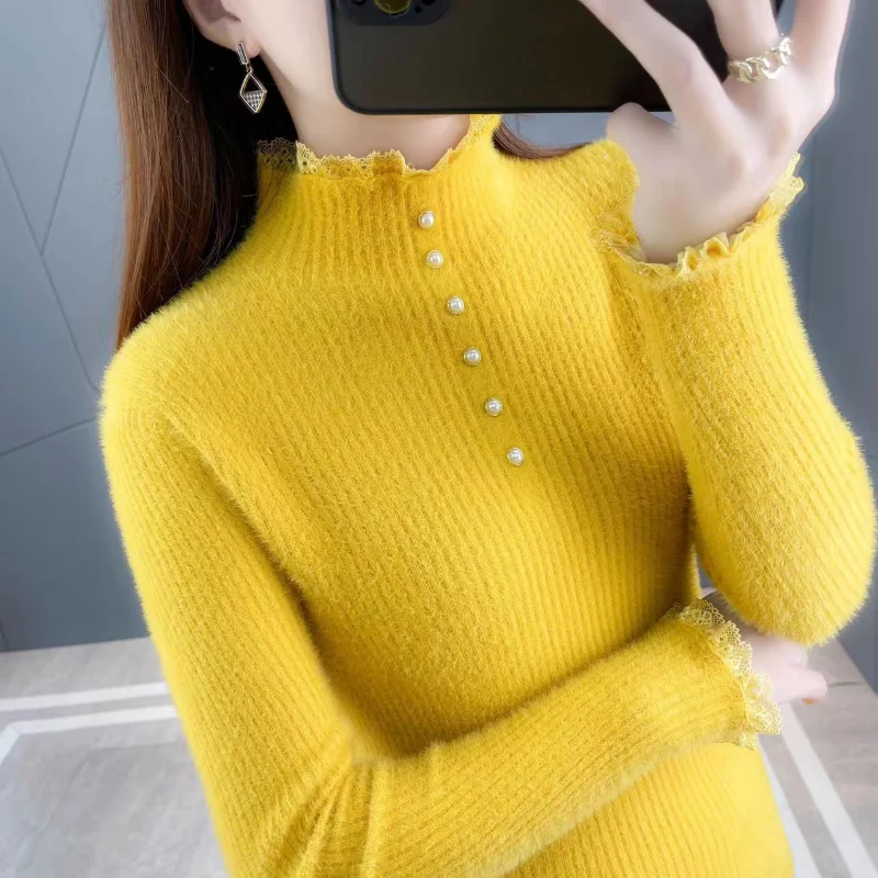 

Winter Women's High Neck Sweater Warm Imitation Mink Wool Sweaters Korean Fashion Knit Pullover Lace Nail Bead New