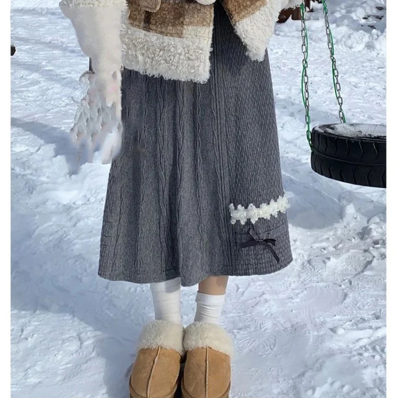 

Японская трикотажная юбка с милым бантом, женская осенне-зимняя юбка трапециевидной формы с высокой талией, винтажная универсальная юбка Y2k Faldas