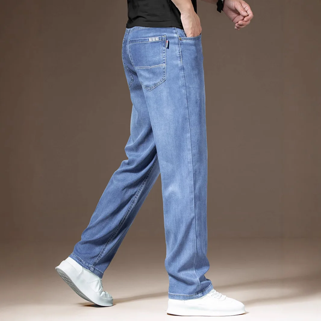 Men Light Blue Solid Color Simple Basic Casual Trendy Straight Loose Fit Jeans Pants Male American Four Seasons Fashion Jeans
