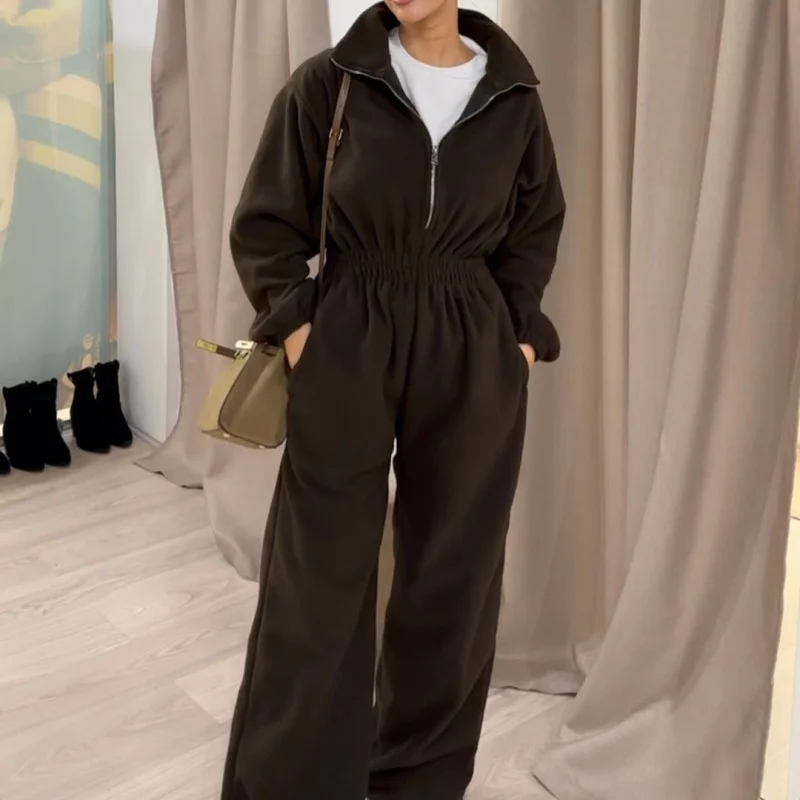 

2025 European and American Women's Fashion Long Sleeve Ladies Casual Half-Open Front Elastic Waist Jumpsuit Set