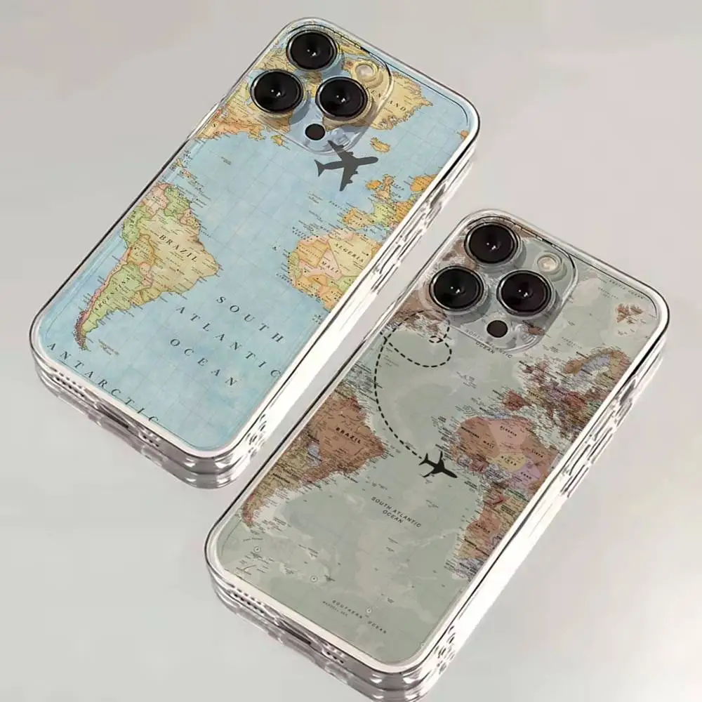 

Airplane Map Phone Case For iPhone 16,15,14,13,12,11,17 Pro,Max,Plus,X,XS,XR,SE,Mini Transparent Soft Cover