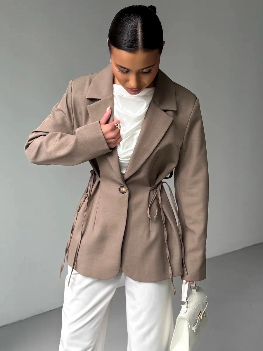 

Женский приталенный блейзер BJTZ 2026 весна-осень с поясом, элегантный модный пиджак для офиса и повседневной носки