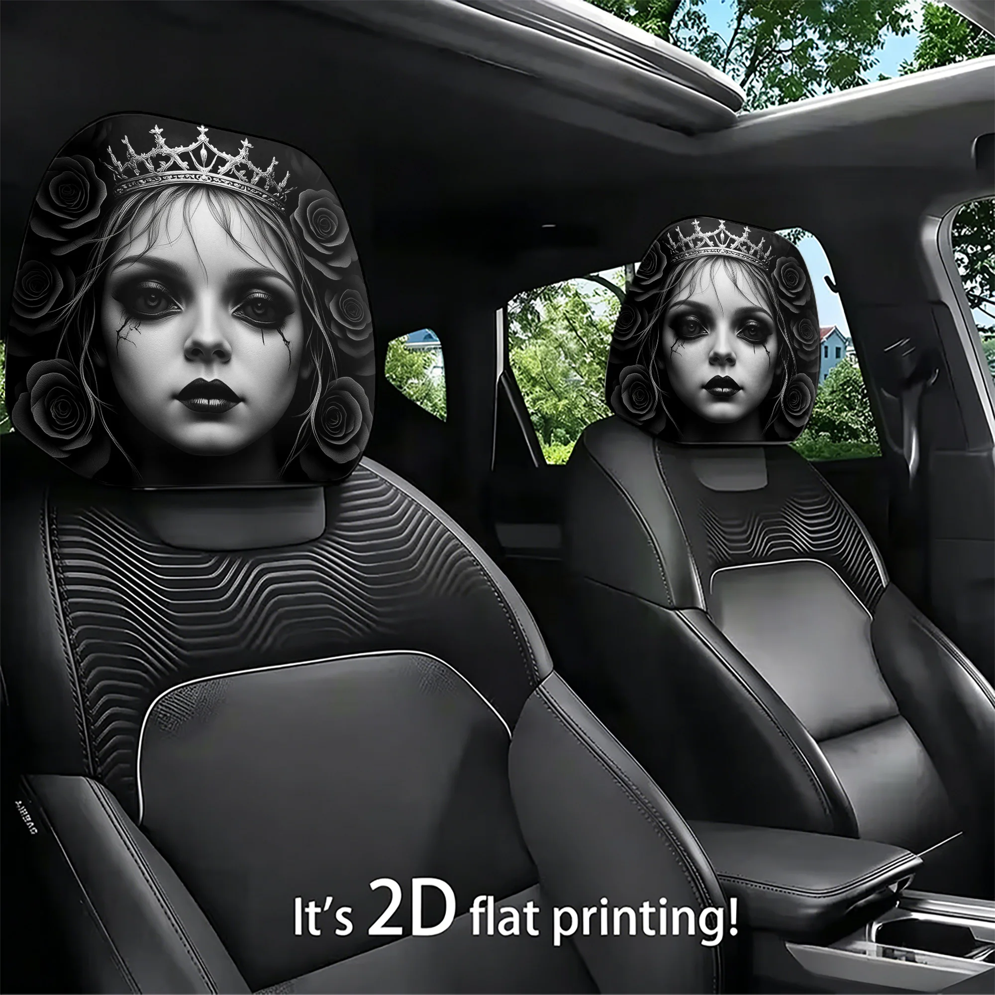 2pcs Gothic-style Queen and Rose-patterned car headrest covers to decorate your car’s interior with bold flair. Does not include