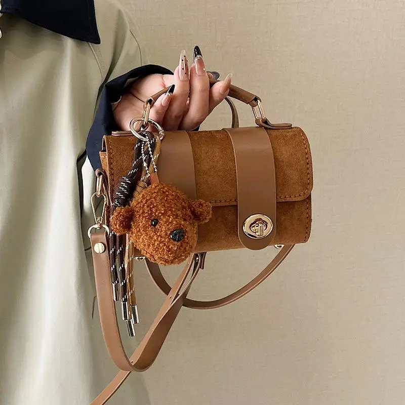 DIY Knitted Bag  Beginner-made brown small square bag  Cartoon bear pendant hand-held pillow underarm bag  Casual womens bag