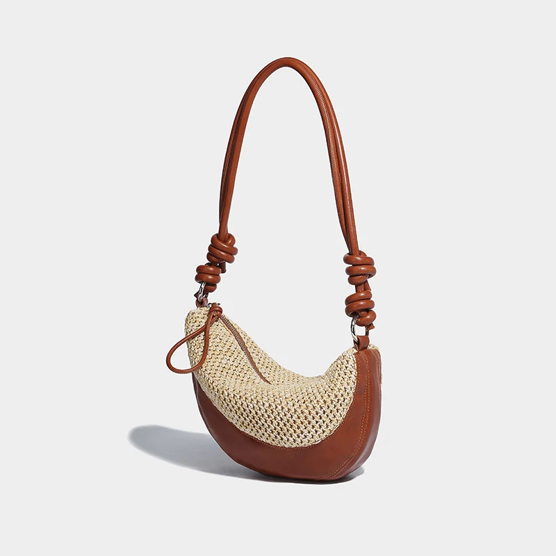 Bolso tejido retro de lujo Bolso de paja estilo vacaciones en la playa Bolso de media luna exquisito y versátil Bolso de hombro simple de gama alta Gran capacidad Bolso cruzado moderno y de moda Bolso de lujo