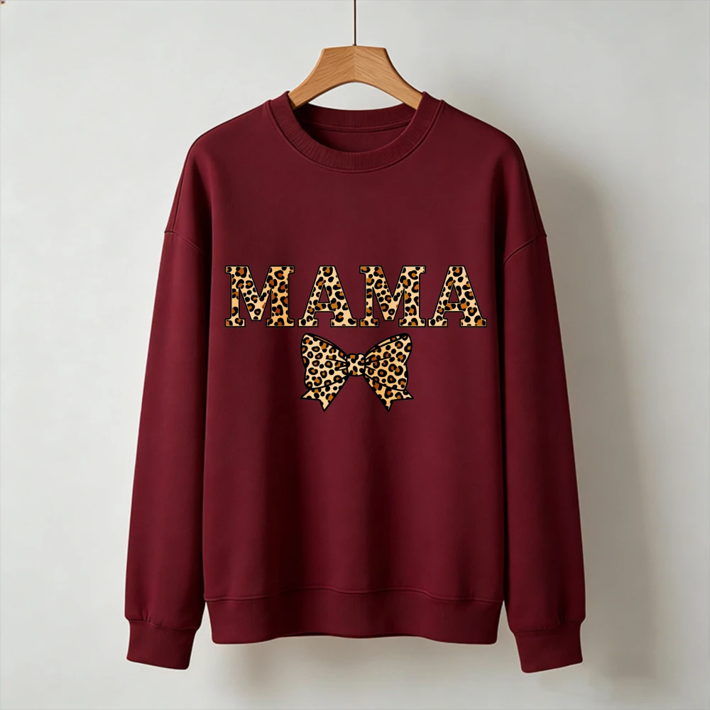 Classic Leopard Print MAMA Matching Bow Crewneck Long Sleeve Pullover Edgy Coquette Mom Gift with Retro Bold Font Sweatshirt - view 5