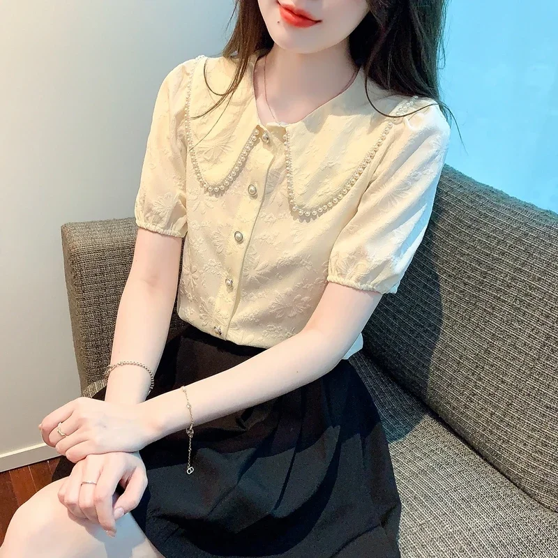 Summer Women Tops Short Sleeve Blouse Women Blusas Mujer De Moda 2024 Verano Beading Doll Collar Chiffon Blouse Shirt Blusa G525