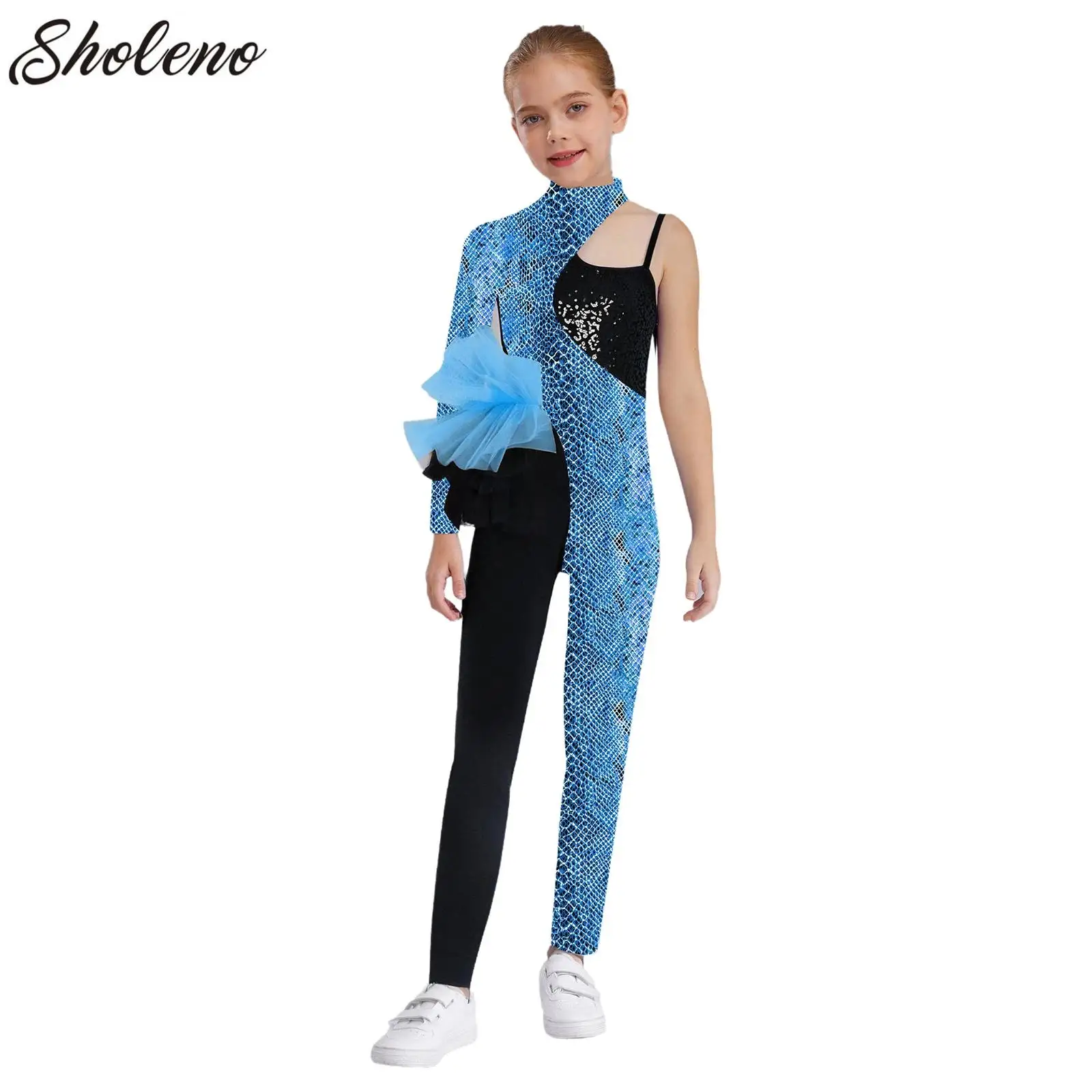 

Kids Girls Ballet Jersey Dance Jumpsuit Gymnastics Acrobatics Figure Skating Performance Costume Teen Side Tulle Peplum Bodysuit