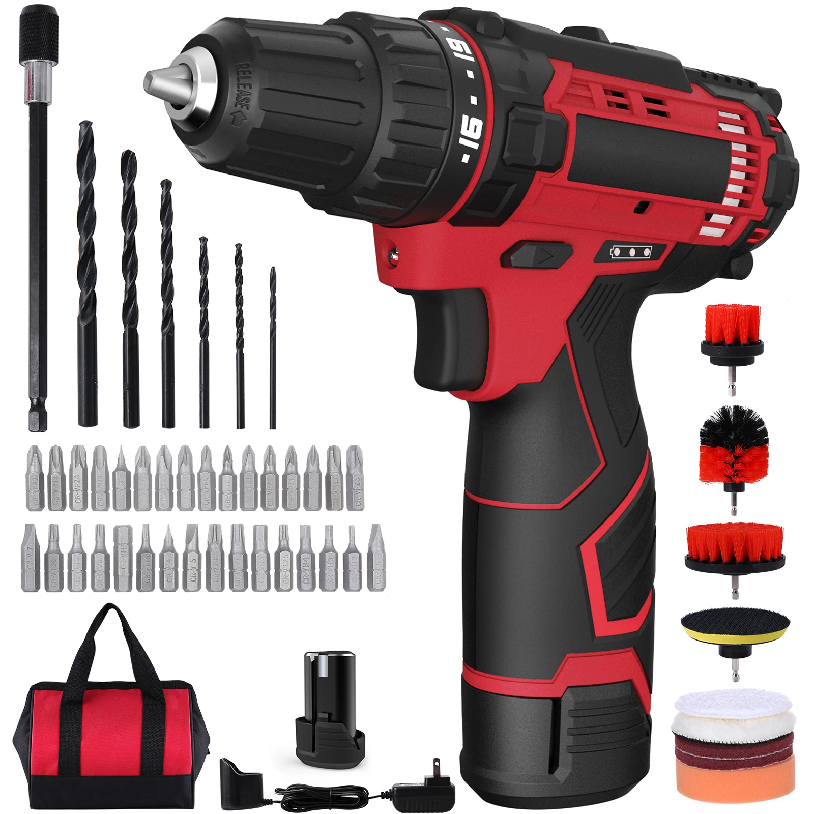 

Cordless Drill Driver Kit 12V Power Drill 50PCS Electric Drill Brushes Set 19 Clutch Screw Driver LED 2-Speed 280In-lb Torque