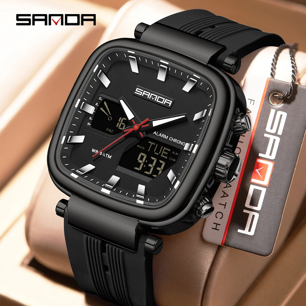 موضة SANDA العلامة التجارية الجديدة 6282 ساعة إلكترونية للرجال عرض مزدوج الرياضة إضاءة مقاومة للماء الرجال توقيت ساعة إلكترونية
