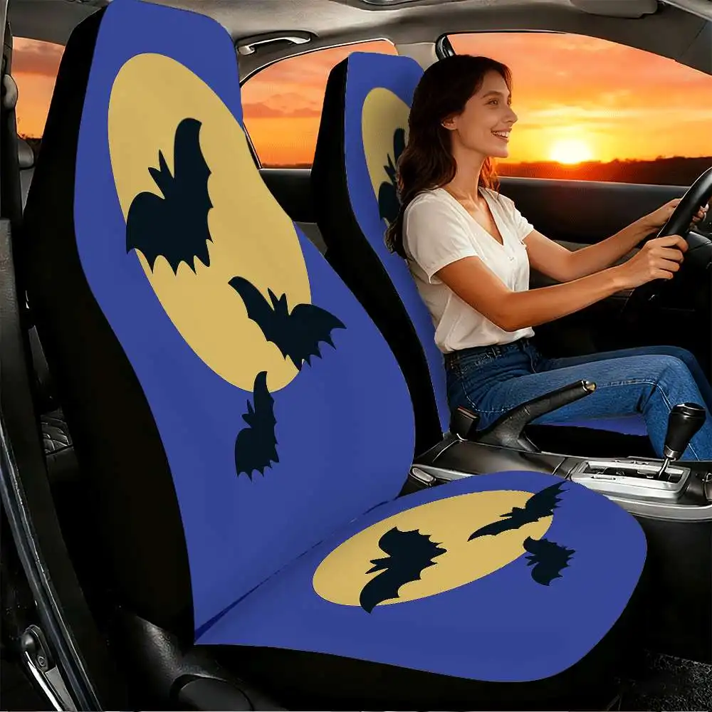 2pcs Full Moon Flying Bats Car Seat Covers | High Back Design, Polyester Material, Universal Fit For Cars, SUVs, And Trucks, Wom
