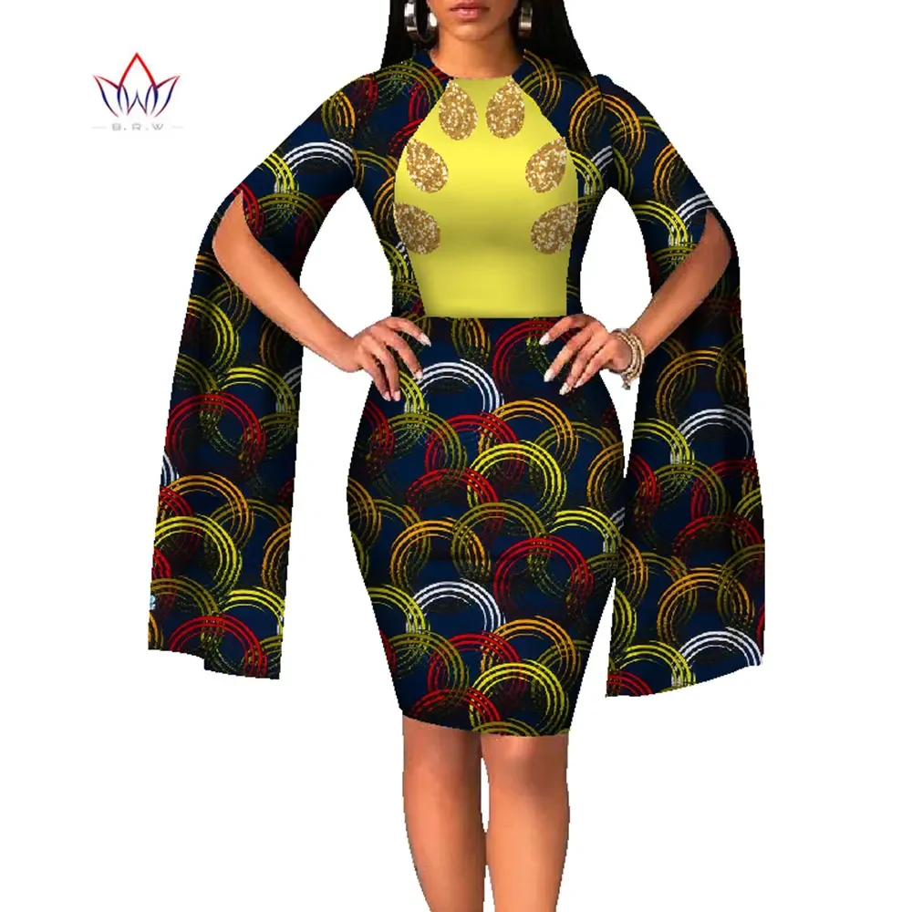 

BintaRealWax African Dresses for Women Dashiki Long Sleeve Knee-Length Dresses Africa Style Clothing for Office Lady WY2600