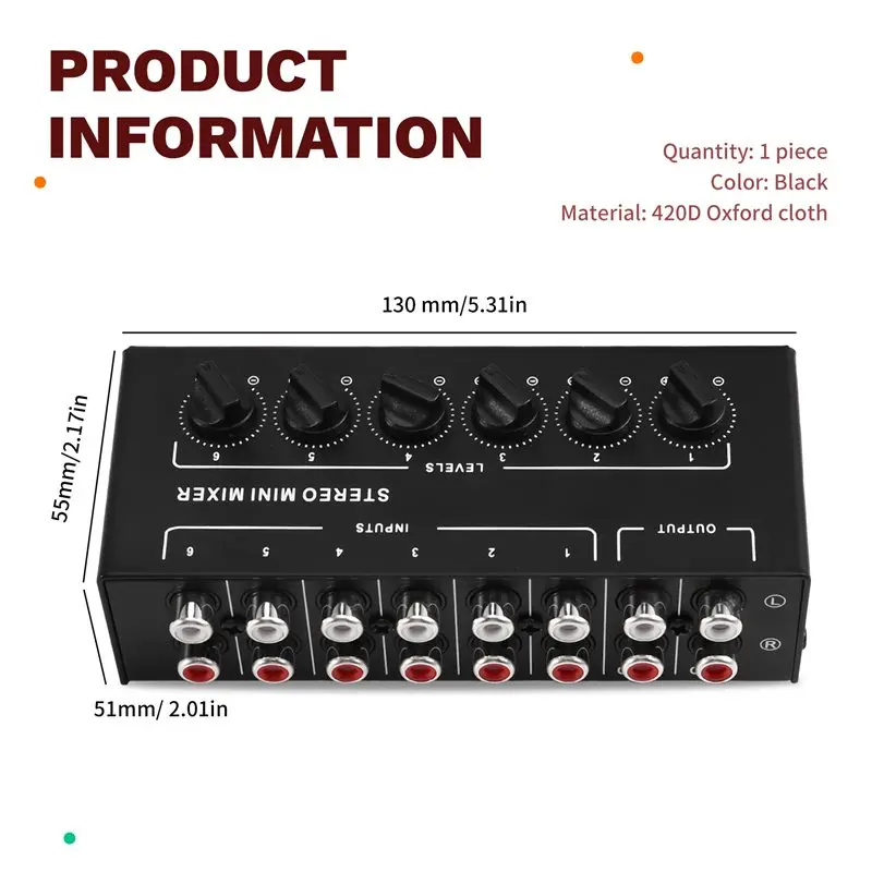 AA60-ستيريو 6 قناة خلاط سلبي RCA جهاز مزج الصوت المحمول 6 في 2 خارج موزع ستيريو التحكم في مستوى الصوت لا يتطلب بطارية