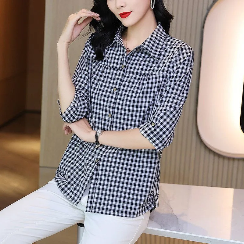 Elegant Plaid Print Loose Turn Down Collar Cotton Button Up Shirt Women Fashion Casual Half Sleeve All Match Ladies Tops Blouses