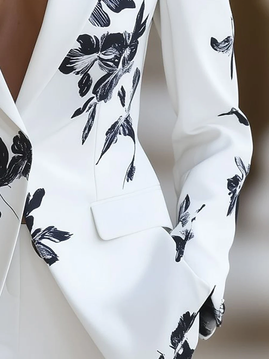 سترة أنيقة بأكمام طويلة وطبعة زهور للنساء - سترة أنيقة برقبة على شكل حرف V مع جيوب، ملابس خارجية أنيقة #4
