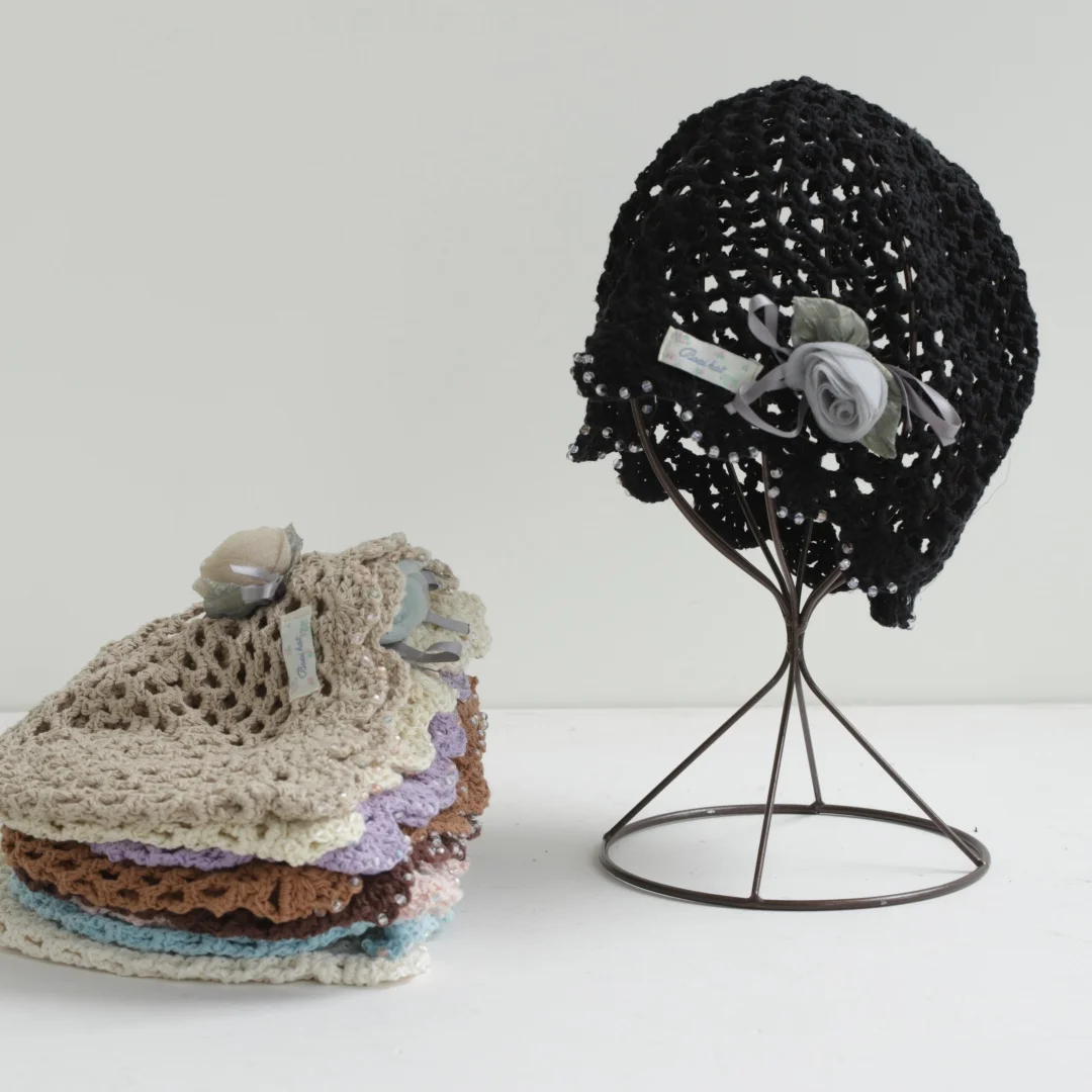 Handmade Knitted Hollow Out Hat Women's Summer Thin Face Slimming Headscarf Cap Flower All-In-One Wrapped Head Cap Girls Gift