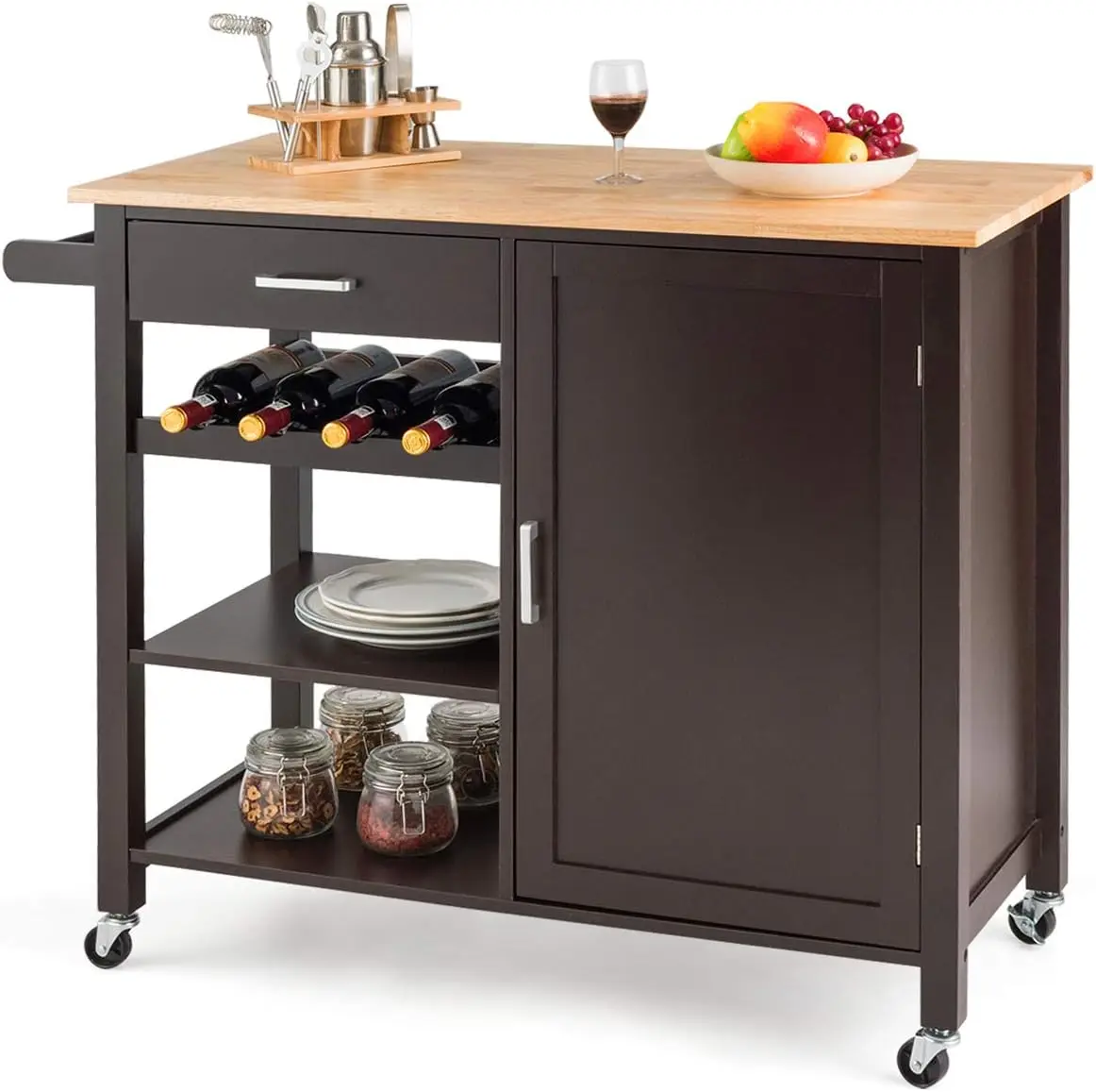 

Kitchen Island Cart Rolling Serving Cart Wood Trolley with Drawer, Storage Cabinet, 4 Wine Bottle Rack, Towel Rack and L