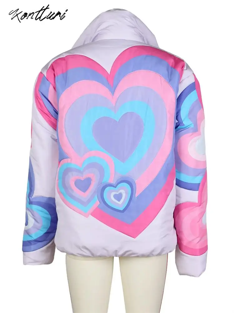 Kontturi-chaquetas acolchadas para mujer, abrigo de manga larga con estampado de corazón, ropa de calle Multicolor, chaqueta de gran tamaño con