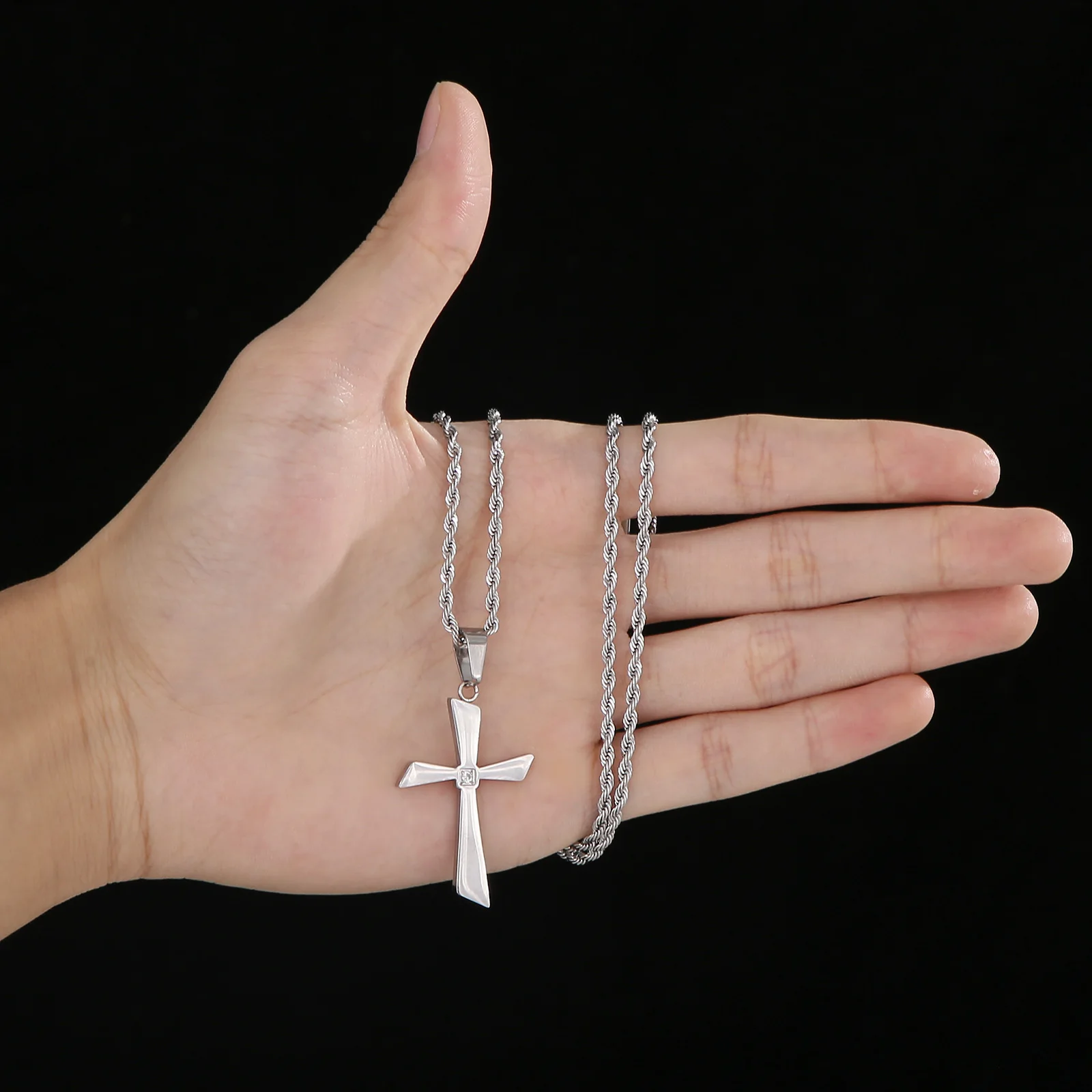Fongten Stainless Steel Men Windmill Pendan Necklace Christian Rhinestone Cross Twisted Link Chain Fashion Trends Jewelry Gifts