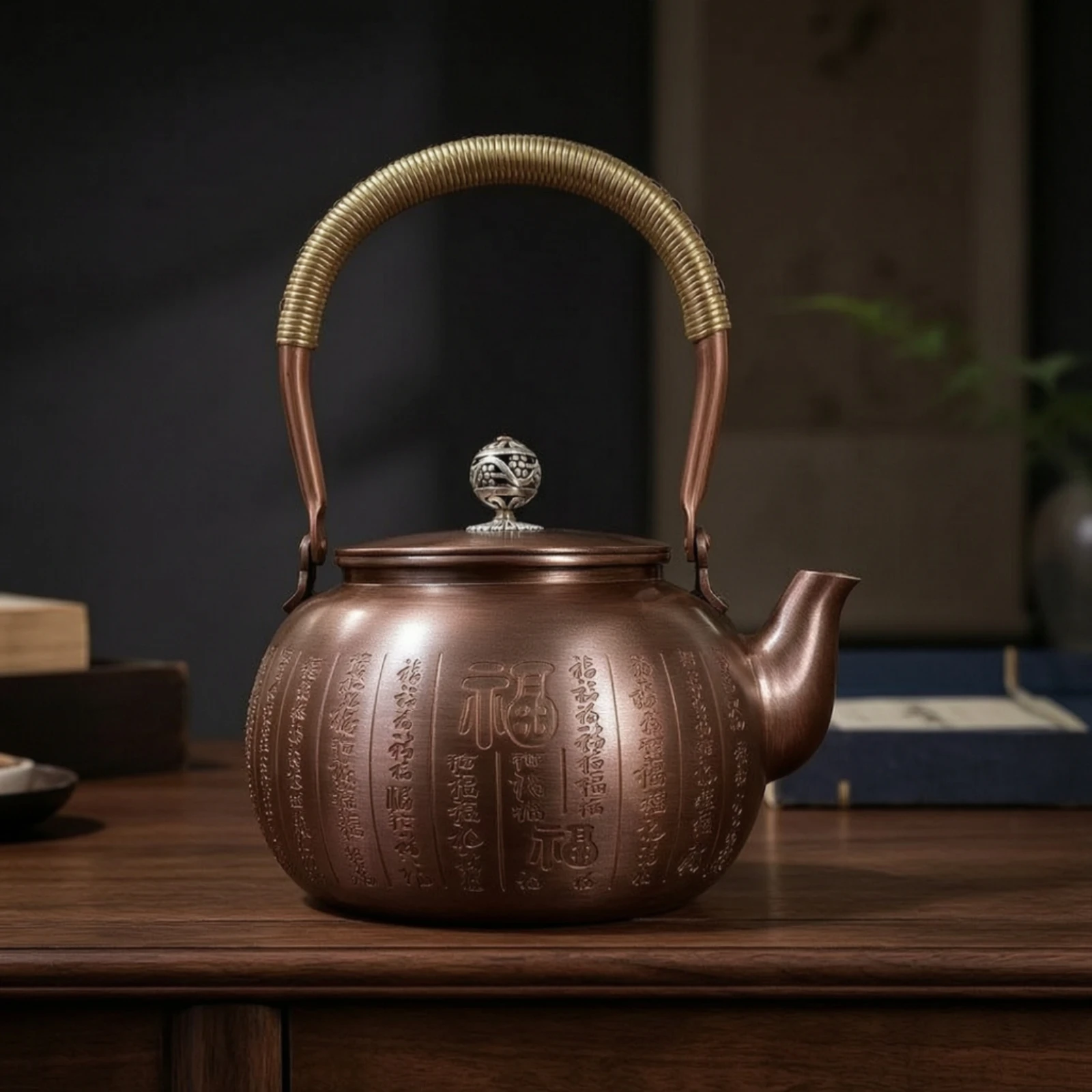 Copper Teapot Engraved Teapot with Lid Copper Kettle Vintage Pot Chinese-Style for Collectors, Home, Office