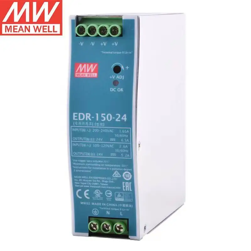 

MEAN WELL EDR-150-24 150W 24V DIN Rail Switching Power Supply 110V/220V AC to 24V DC 6.5A Industrial Factory automation