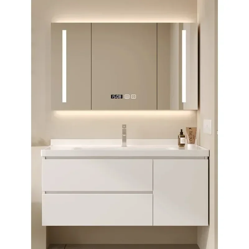 Modern Simple Solid Wood Cream Wind Ceramic Integrated Basin Bathroom Cabinet Hand Washbasin CombinationHot Sales