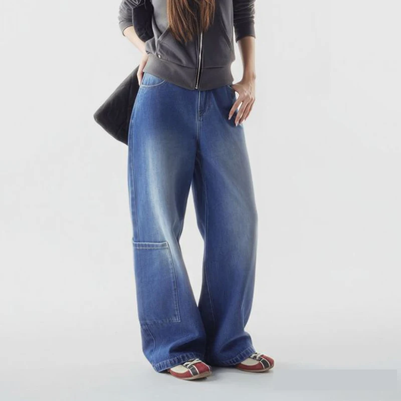 

Maden Women's 12oz Denim Jeans Blue Wide Leg Pants Straight Fit Cargo Style Large Pocket Cotton Jeans Casual Long Baggy Trousers